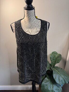 NWT Beaded Tank Top Black Silver‎ Sequin Bead Sleeveless Evening Top Medium